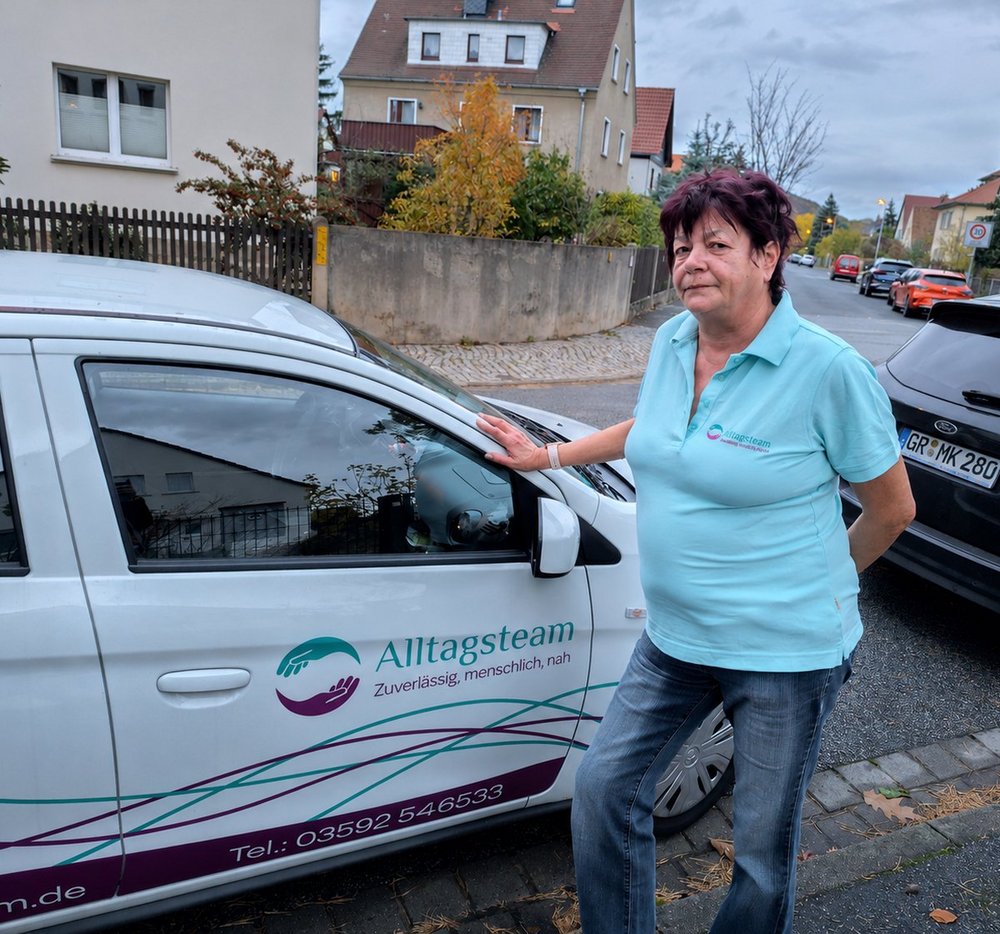 Mitarbeiterin von Alltagsteam Kolpe am Firmenwagen in Schirgiswalde-Kirschau