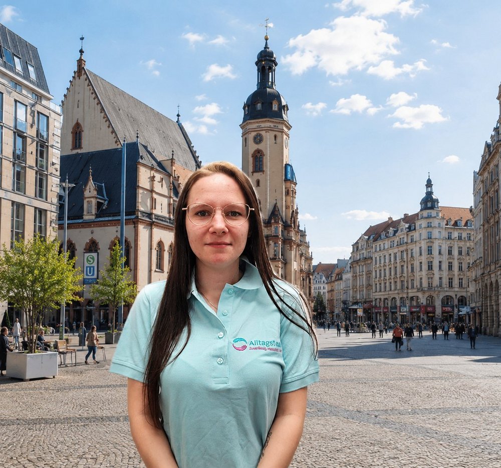 Alltagsbegleiterin von Alltagsteam Kolpe auf dem Marktplatz in Leipzig