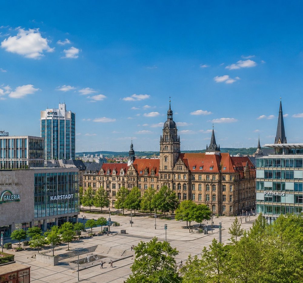 Blick über den Neumarkt auf das Rathaus in Chemnitz